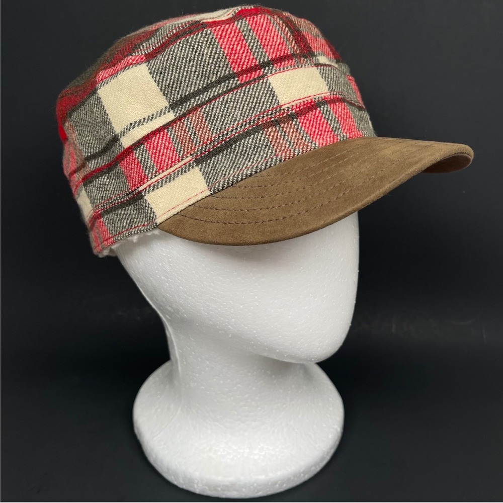 Woolrich Plaid Cadet Hat Unisex Red Brown Wool Blend Sherpa Lined Rustic Classic